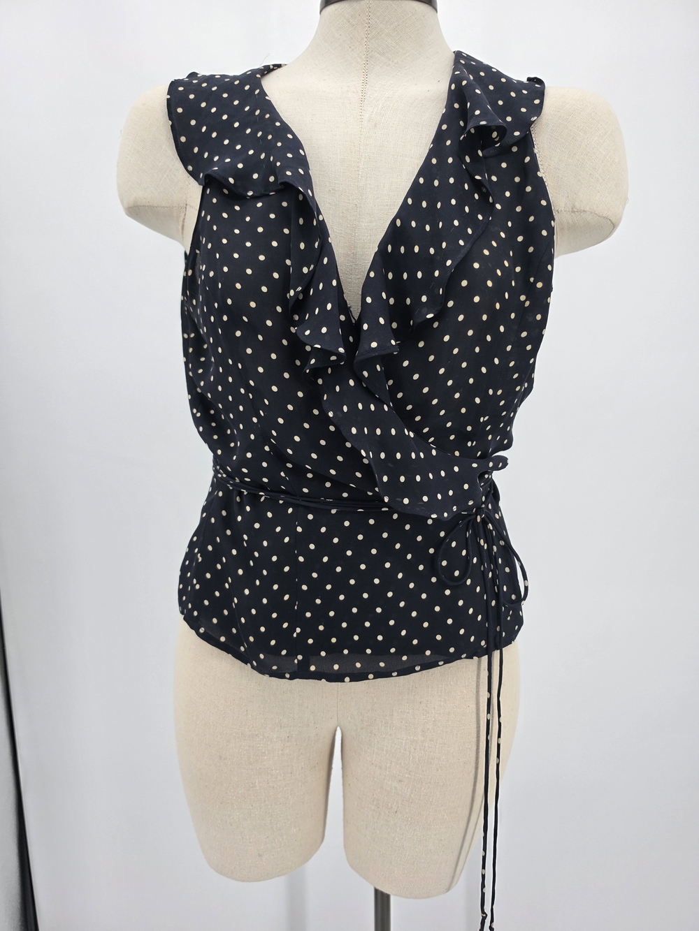Lauren Ralph Lauren Silk Navy Polka Dot Ruffle Wrap Top Womens 8